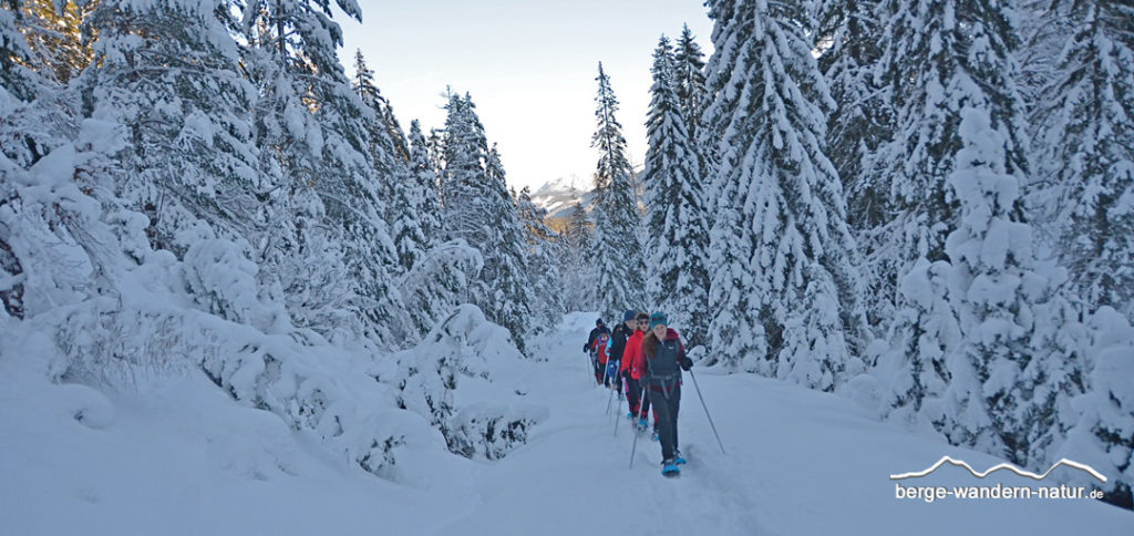 Schneeschuhwander Gruppe in tief verschneiter Winterlandschaft