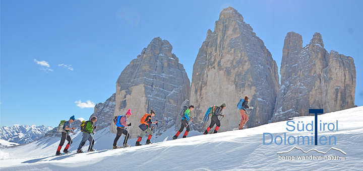 geführte Schneeschuhtouren in den Dolomiten, Drei Zinnen, Pragser Wildsee